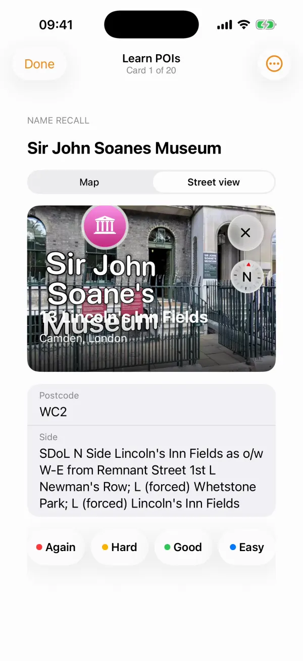 A Learn card in TheLTK: Sir John Soane's Museum, with its Street View photo and the side of the street it stands on