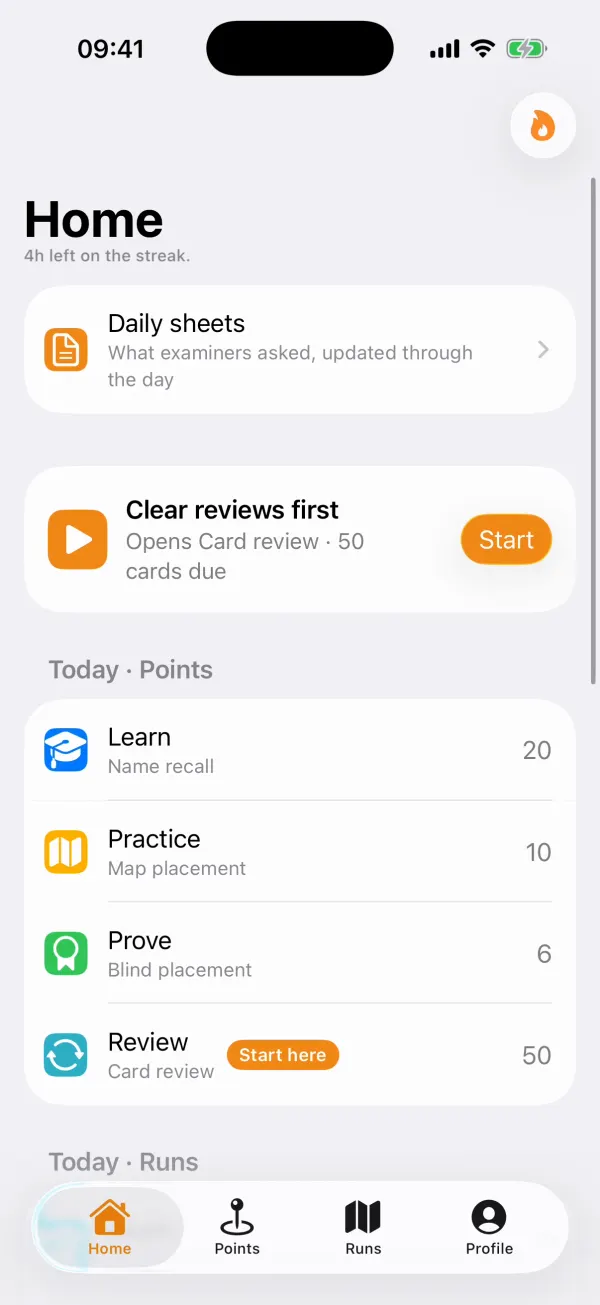 TheLTK's Home screen: today's points to learn, practise, prove and review