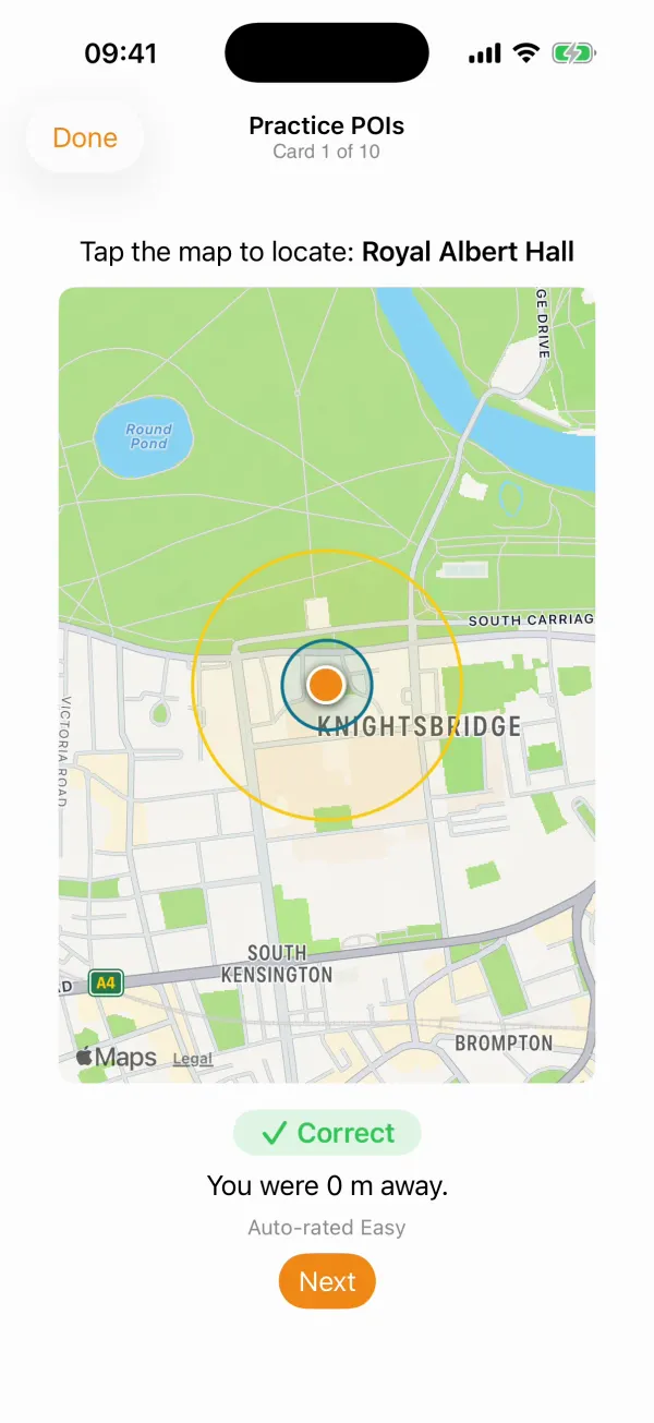 Practice in TheLTK: the Royal Albert Hall placed on the map, 0 metres away