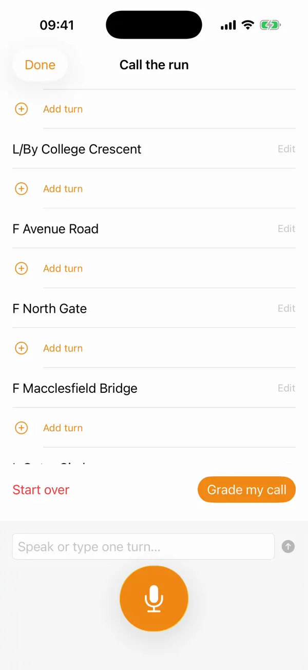 Calling a run in TheLTK: each turn is added as it is said, then the call is graded